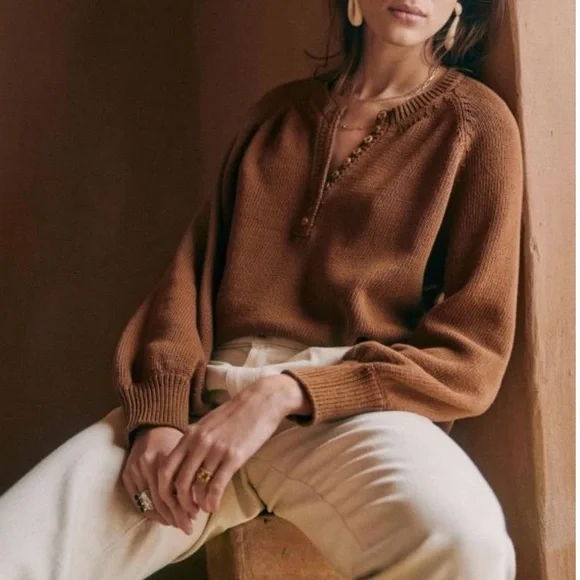 SEZANE Tan Brown Organic Cotton Button Balloon Sleeve Sweater Leontine Jumper - Picture 1 of 13